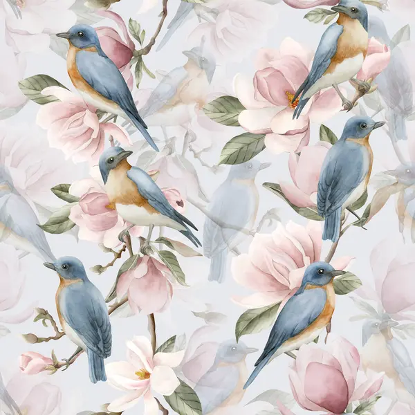Açık pembe manolya çiçekli dallardaki mavi kuşlar. Mavi arka planda suluboya çiçeksiz desen. Çiçek kumaşı, kozmetik ambalajı, ambalaj kağıdı ve ev tekstili için bahar çiçeği