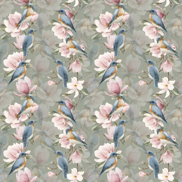 Pembe manolya çiçekli dallardaki mavi kuşlar. Gri mavi adaçayı yeşil arka planda dikişsiz suluboya deseni. Çiçek kumaşı, kozmetik ambalajı, ambalaj kağıdı ve ev tekstili için bahar çiçeği
