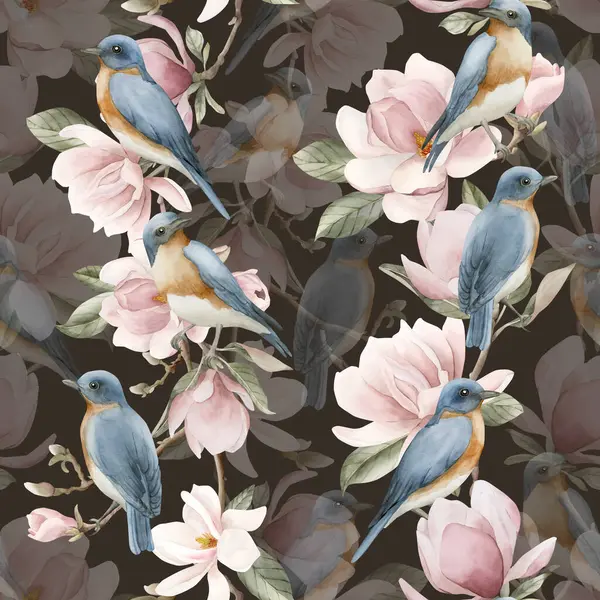 Açık pembe manolya çiçekli dallardaki mavi kuşlar. Koyu arkaplanda suluboya çiçek deseni var. Çiçek kumaşı, kozmetik ambalajı, ambalaj kağıdı ve ev tekstili için bahar çiçeği