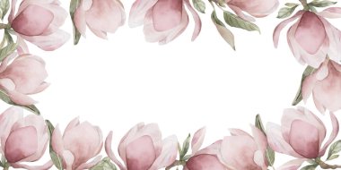 Çiçekli ve yapraklı açık pembe manolya dalları. Bahar çiçeğinin yatay çerçevesi. Çiçekli suluboya el resmi kart, etiket, kozmetik ambalaj için çizilmiş.