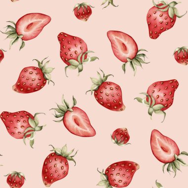 Çilek, olgun böğürtlen. Suluboya çizimleri, pembe arka planda çiçeksiz desenler, masa tekstili için yaz meyveleri, lezzetli baskılar, yaz kumaşları, ambalaj kağıtları ve yiyecek paketleri.