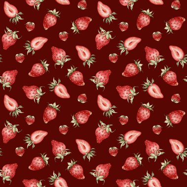 Çilek, olgun böğürtlen. Suluboya illüstrasyon, Burgonya arka planında çiçeksiz desen masa tekstili için yaz meyvesi, lezzetli baskılar, yaz kumaşları, ambalaj kağıdı ve yiyecek paketi.