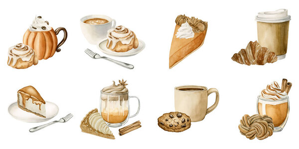 Осенние напитки и кондитерские десерты Clipart. Набор осенних сладостей и напитков. Иллюстрация продуктов питания акварелью на белом фоне для дизайна Дня благодарения и осени, меню кафе, поваренная книга, пакеты