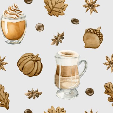Kahve Latte Macchiato, Balkabağı Baharatlı Latte Kahve ve Sonbahar kurabiyeleri. Yemek fırını tasarımı, mutfak tekstili, nefis kumaş, ambalaj kağıdı için mavi arka planda suluboya desenleri.