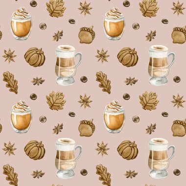 Kahve Latte Macchiato, Balkabağı Baharatlı Latte Kahve ve Sonbahar kurabiyeleri. Yemek fırını tasarımı için şeftali pembesi arka planda sulu boya deseni, mutfak tekstili, lezzetli ambalaj kağıdı.