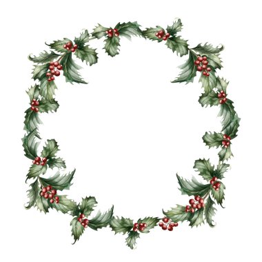 Kırmızı böğürtlenli Holly Berry şubeleri. Geleneksel Noel bitkisi çelengi. Resimli suluboya el resmi kış tatili tasarımı, kartlar, parmak izleri için beyaz arka planda izole edilmiş.