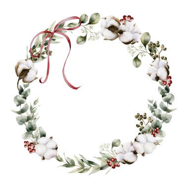 Pamuk çiçekli okaliptüs dalları, kırmızı böğürtlen ve kurdele yaylı. Suluboya el çelengi Noel kış tasarımı için izole edilmiş çiçek çizimleri botanik posterleri, tatil çiçekli kartları.