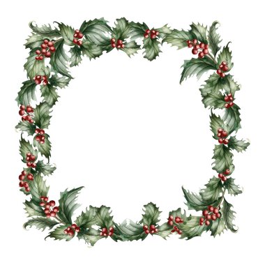 Kırmızı böğürtlenli Holly Berry şubeleri. Geleneksel Noel bitkisiyle çerçevelenmiş. Suluboya elle boyanmış çiçek çizimi kış tatili tasarımı için beyaz arka planda izole edilmiş, rahat kartlar, baskılar