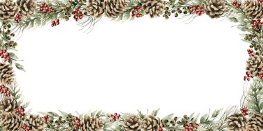 Çam kozalakları, kırmızı böğürtlen, çam, sedir ve okaliptüs dallı Noel çerçevesi. Noel kış tasarımı, botanik kartları, tatil baskıları için suluboya el resmi.