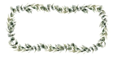 Okaliptüs Çerçevesi. Suluboya el, yeşil düğün davetiyeleri, Noel kış tasarımı, botanik posterleri, baskılar, çiçek etiketleri için gümüş dolar okaliptüsleri ile izole edilmiş çiçek resimlerini boyadı.