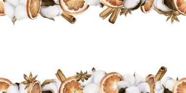 Pamuk, portakal dilimleri, tarçın çubukları ve anason. Noel tasarımı, kış ya da sonbahar dekoru, botanik posterleri, rahat baskılar, kartlar için izole edilmiş çiçek çizimleri.