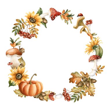 Sonbahar çelengi, güz yaprakları, mantarlar, çiçekler, böcekler ve hayvanlar. Sonbahar tasarımı için suluboya el çizimi, rahat kartlar, baskılar, çiçek etiketleri, mutfak tekstili, ev dekorasyonu