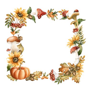 Düşen yapraklar, mantarlar, çiçekler, böcekler ve hayvanlarla dolu sonbahar çerçevesi. Sonbahar tasarımı için suluboya el çizimi, rahat kartlar, baskılar, çiçek etiketleri, mutfak tekstili, ev dekorasyonu