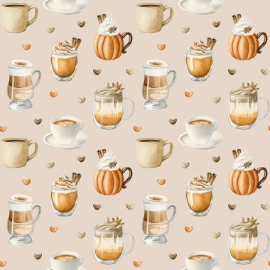 Kahve Latte Macchiato, Balkabağı Baharatlı Dalgona Kahve ve diğer sonbahar sıcak içecekleri. Sıcak mutfak tekstili için bej arka planda suluboya gıda deseni, leziz kumaş, sonbahar ambalaj kağıdı