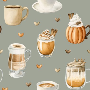 Kahve Latte Macchiato, Balkabağı Baharatlı Dalgona Kahve ve diğer sonbahar sıcak içecekleri. Mutfak tekstili, kumaş, sonbahar ambalaj kağıdı için gri mavi arka planda suluboya yiyecek kusursuz desen