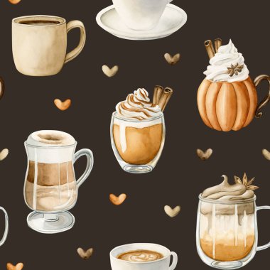 Coffee Latte Macchiato, Pumpkin Spice Dalgona Coffee and other autumn hot beverage. Watercolor food seamless pattern on dark background for cozy kitchen textile, delicious fabric, fall wrapping paper clipart