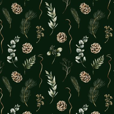 Çam kozalakları, okaliptüs ve kozalaklı dallar. Kış ormanı Kış tasarımı için koyu yeşil arka planda suluboya desenler, Noel ambalaj kağıdı, yazlık tekstil, kumaş