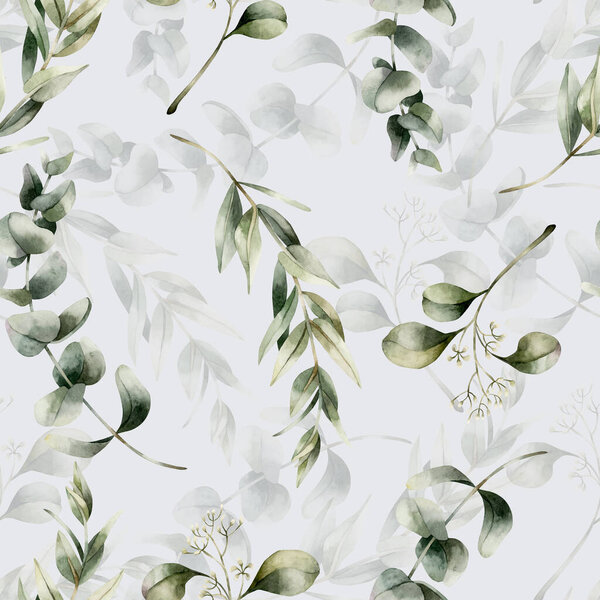 Eucalyptus Branches. Silver Dollar Eucalypt, Seeded Gum Tree. Watercolor floral seamless pattern on light blue background for wedding design, home textile, fabric, wrapping paper, cosmetic package