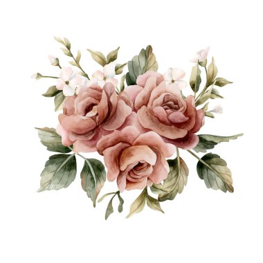 Tomurcukları ve yaprakları olan gül çiçeği. Tozlu pembe bahçe çiçek aranjmanı. Suluboya el resmi düğün tasarımı, ev tekstili, porselen çanak çömlek, kartlar, etiketler, logolar
