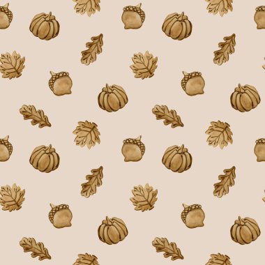 Zencefilli kurabiye. Sonbahar yaprakları, balkabağı ve palamut şeklinde. Yaprak kabuğu. Pastane tasarımı, mutfak tekstili, nefis kumaş, ambalaj kağıdı için bej arkaplan üzerinde suluboya gıda deseni