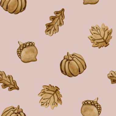 Zencefilli kurabiye. Sonbahar yaprakları, balkabağı ve palamut şeklinde. Yaprak kabuğu. Pastane tasarımı, mutfak tekstili, nefis kumaş, ambalaj kağıdı için soluk pembe arkaplan üzerinde suluboya gıda deseni