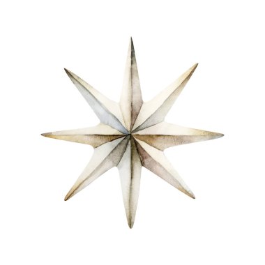 Yıldız. Sekiz noktalı dekoratif yıldız. Suluboya el çizimi beyaz arka planda çocuk yuvası için izole edilmiş bebek tasarımı, Ramazan Kareem tasarımı, kumaş, tekstil, kart, davetiye