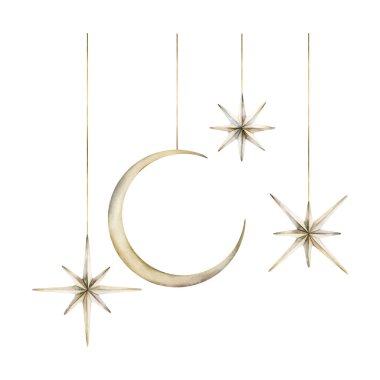 Dekoratif ay ve yıldızlar asılı. Müslüman bayramı, Ramazan Kareem, Kurban Bayramı, Al Fitr, Al Adha, çocuk odası tasarımı, bebek partisi için beyaz arka planda izole edilmiş suluboya el çizimi.