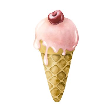 Kirazlı tatlı dondurma külahı. Suluboya el boyası bembeyaz arka planda çocukların doğum günü partisi, bebek partisi, çocuk kıyafetleri kumaş, tatlı tekstil.