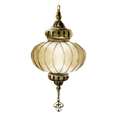 Fener. Arap tarzı altın lamba. Suluboya el resmi tebrik kartı, Ramazan Kareem 'in davetiyesi, Müslüman bayramı, Kurban Bayramı, Kurban Bayramı, Kurban Bayramı, İslami tasarım