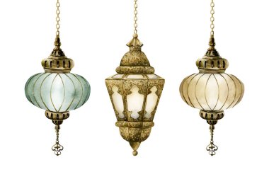 Fener Klipsi Sanat Seti. Arap tarzı altın lamba. Suluboya el, tebrik kartı, Ramazan Kareem daveti, Müslüman bayramı, Kurban Bayramı, Kurban Bayramı, Adha