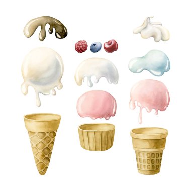 Tatlı dondurma külahları ve bardaklar, çörekler ve böğürtlen tasarımı Clipart seti. Suluboya el boyası bembeyaz arkaplanda çocukların doğum günü için izole edilmiş yemek illüstrasyonu, bebek partisi parti kartı