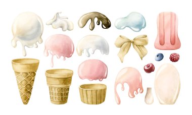 Tatlı kek ve dondurma, buzlu şeker parçası. Tasarım ögesi ayarlandı. Suluboya el boyası yaz yemekleri çizimi beyaz arka planda çocuk tekstili için izole edilmiş doğum günü partisi, bebek partisi, kartlar