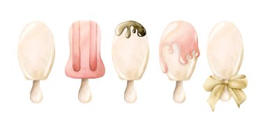 Güzel dondurma klipsi seti. Lolipop, buzlu dondurma. Suluboya el boyası yaz yemekleri çizimi beyaz arka planda tekstil, bebek kıyafetleri kumaşı, çocuk doğum günü kartı, kart.