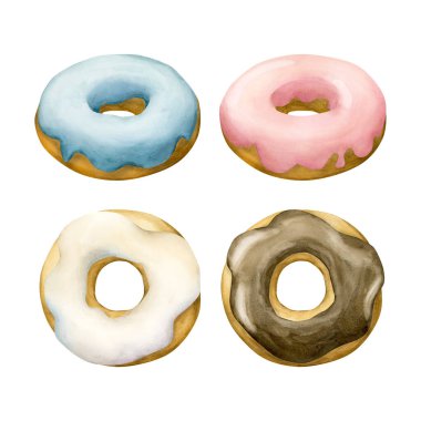 Donut klipsi sanat seti. Beyaz, mavi, pembe ve çikolata kaplı çörekler. Suluboya el boyası tatlı tatlı tatlı çizimi beyaz arka planda izole şekerleme tasarımı, çocukların doğum günü