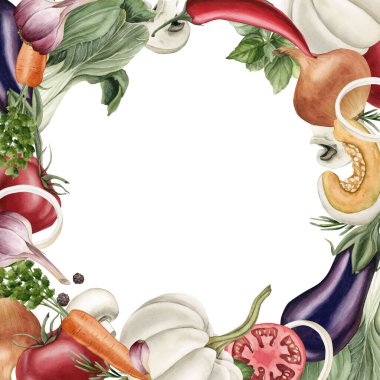 Taze sebzeler ve baharatlar kare şeklinde. Suluboya el resmi izole yemek kitabı, mutfak masası tekstil, sos paketi, lezzetli kumaş, tarif kitabı, kart, logo, etiket