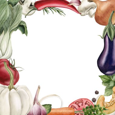 Taze sebzeler ve baharatlar kare şeklinde. Suluboya el resmi izole yemek kitabı, mutfak masası tekstil, sos paketi, lezzetli kumaş, tarif kitabı, kart, logo, etiket