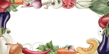 Taze sebzeler ve baharatlar. Suluboya el resmi izole yemek kitabı, mutfak masası tekstil, sos paketi, lezzetli kumaş, tarif kitabı, kart, logo, etiket, çatal bıçak