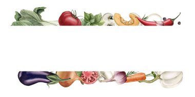 Taze sebzeler ve baharatlar. Suluboya el resmi izole yemek kitabı, mutfak masası tekstil, sos paketi, lezzetli kumaş, tarif kitabı, kart, logo, etiket, çatal bıçak