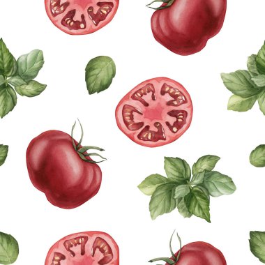 Fesleğen yapraklı domates. Taze sebzeler. Mutfak masası tekstili için beyaz arka planda suluboya gıda deseni, lezzetli kumaş, yiyecek paketi, ambalaj kağıdı, yemek pişirme tasarımı, yemek kitabı.