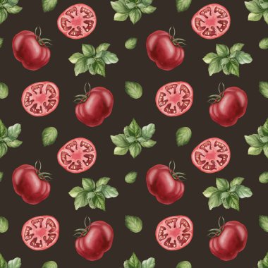 Fesleğen yapraklı domates. Taze sebzeler. Mutfak masası tekstili için koyu siyah arka planda suluboya gıda deseni, lezzetli kumaş, yiyecek paketi, ambalaj kağıdı, yemek tasarımı.