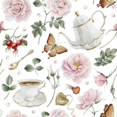 Çay seti, yaban gülü pembe çiçekler ve kahverengi kelebekli kırmızı böğürtlenler. Suluboya el boyası, beyaz arka planda güzel tekstil kumaşları, tuhaf kumaşlar ve ambalaj kağıtları için çiçeksiz desenler çizdi.