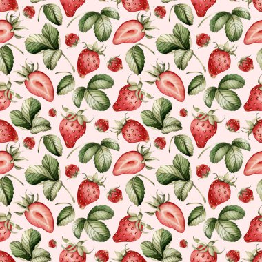 Yapraklı çilek. Soluk pembe arkaplanda suluboya yemek desenli çiçek deseni. Lezzetli yaz kumaşı, mutfak masası tekstili, şirin ambalaj kağıdı, yiyecek kozmetik paketi.