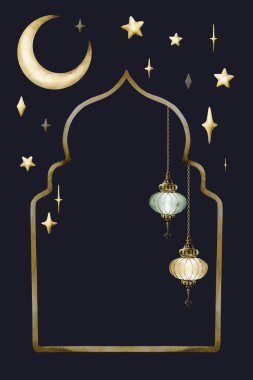 Asılı fenerleri, hilal ayı ve koyu mavi arka planda yıldızları olan İslami altın çerçeve. Müslüman Camii 'nin şablonu. Suluboya el, izole edilmiş resimli Ramazan Kareem kart tasarımı çizdi