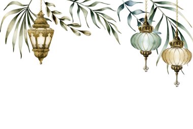 Palmiye yapraklı fener asma şablonu. Suluboya el, Ramazan Kareem kart tasarımı, Mübarek Kurban Bayramı, Adha, Mawlid, Müslüman bayramı için beyaza izole bir illüstrasyon çizdi
