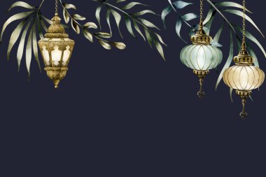 Palmiye yapraklı fener asma şablonu. Suluboya el, Ramazan Kareem kart tasarımı, Mübarek Kurban Bayramı, Adha, Mawlid, Müslüman bayramı için karanlığa izole bir illüstrasyon çizdi
