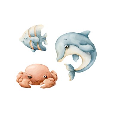 Deniz Hayvanı. Yunus Yengeç Balığı Clipart seti beyaza izole edildi. Şirin deniz canlıları elle çizilmiş. Su altı dünyası çok güzel. Suluboya resimli çocuk bebek odası duvar çıkartması çıkartması deniz altı tasarımı