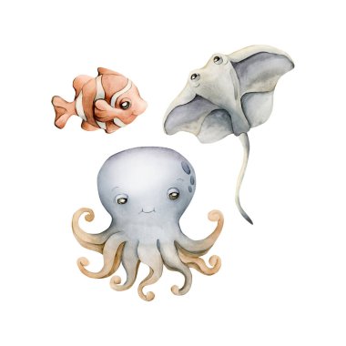 Deniz Hayvanı. Ahtapot Stingray Palyaço Balığı Clipart Set izole edilmiş beyaz. Şirin okyanus canlıları. Su altı dünyası çok güzel. Suluboya el çizimi, çocukların çocuk odası duvar çıkartması, deniz altı tasarımı.