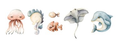 Deniz Hayvanı Yunus Atı Denizanası Stingray Balıkları Sulu Boyalı Clipart beyazın üzerinde izole edildi. Şirin okyanus canlıları el çizimi çocuklar için çocuk odası duvarları çıkartması deniz altı bebek partisi.