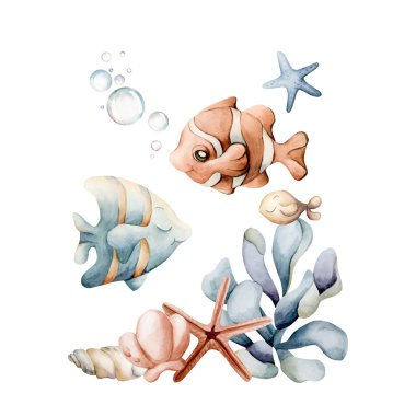 Şirin Balık Deniz Kabukları Deniz Yosunu. Okyanus hayvanları ve bitkiler. Sevimli palyaço balığı ve melek balığı. Suluboya el boyası, yaz aylarında çocukların bebek partisi için izole edilmiş bir resim.