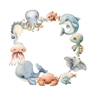 Deniz hayvanı çelengi. Şirin okyanus canlıları. Su altı dünyasının sevimli deniz sakinleri. Balina yunus kaplumbağa balığı. Suluboya el resmi yaz aylarında izole edilmiş çocuk yuvası bebek partisi deniz altında